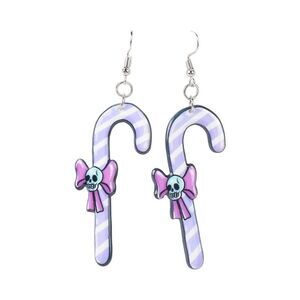 New Christmas Holiday Pastel Goth Skull Bow Candy Cane Drop Earrings Gift